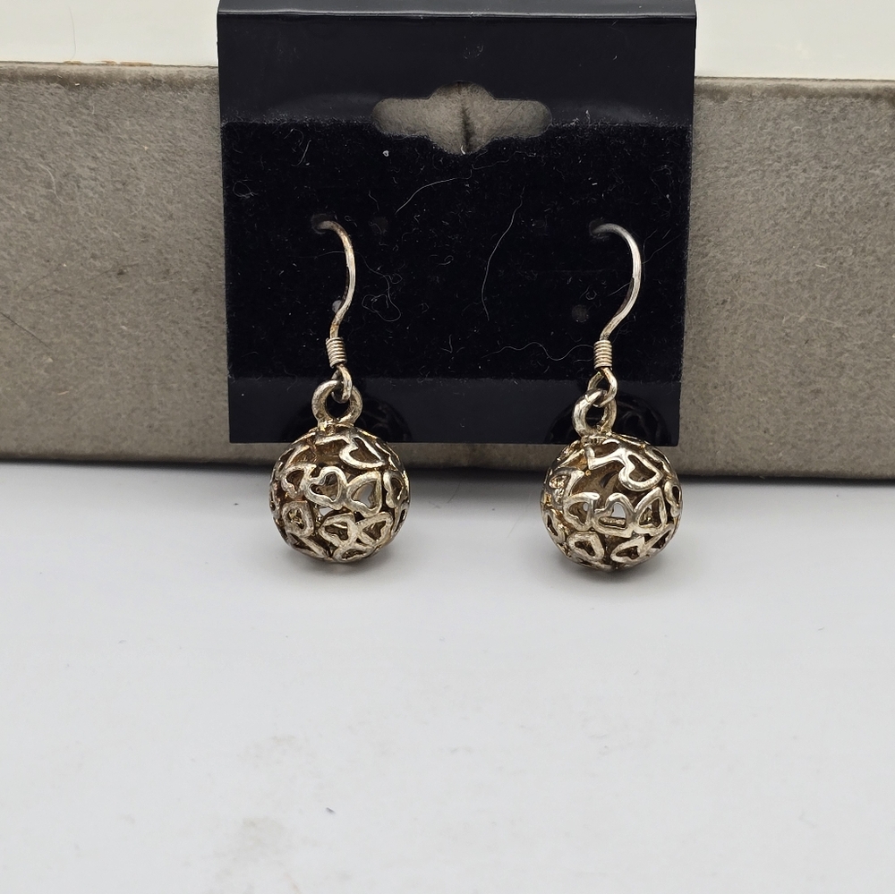 Sterling Silver hanging ball heart earrings